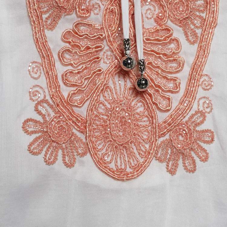 Pre Owned Roberto Cavalli White Embellished Cotton Peasant Blouse M