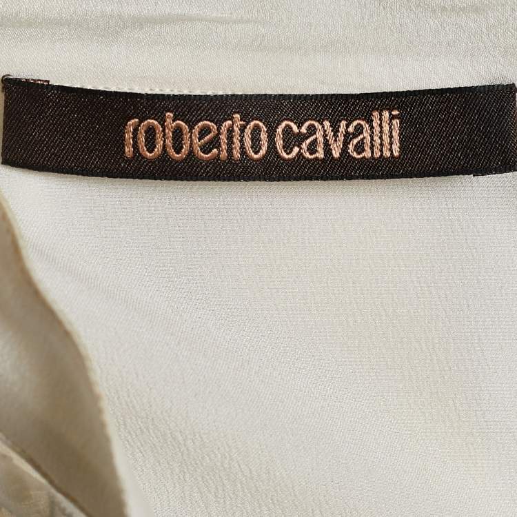 Pre Owned Roberto Cavalli Off-White Crepe de Chine Floral Applique Blouse M