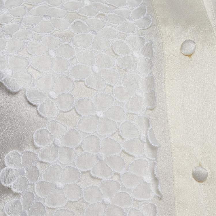 Pre Owned Roberto Cavalli Off-White Crepe de Chine Floral Applique Blouse M