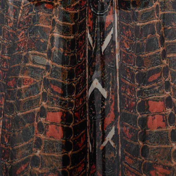 Pre Owned Roberto Cavalli Black & Brown Printed Silk Ruffled Blouse M