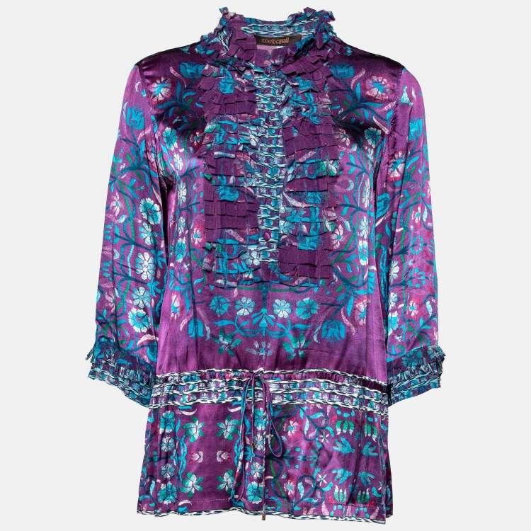 Pre Owned Roberto Cavalli Purple Floral Print Silk Blouse M