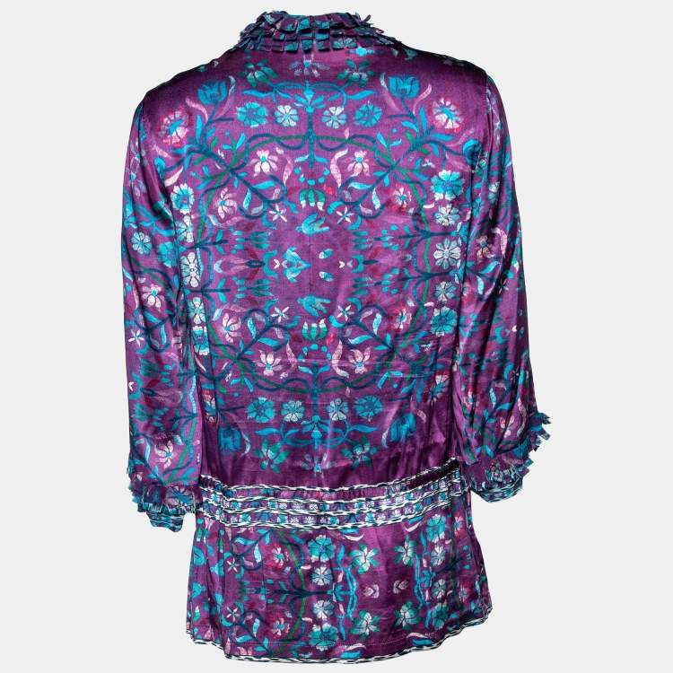 Pre Owned Roberto Cavalli Purple Floral Print Silk Blouse M