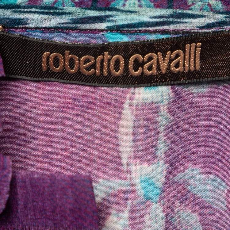 Pre Owned Roberto Cavalli Purple Floral Print Silk Blouse M