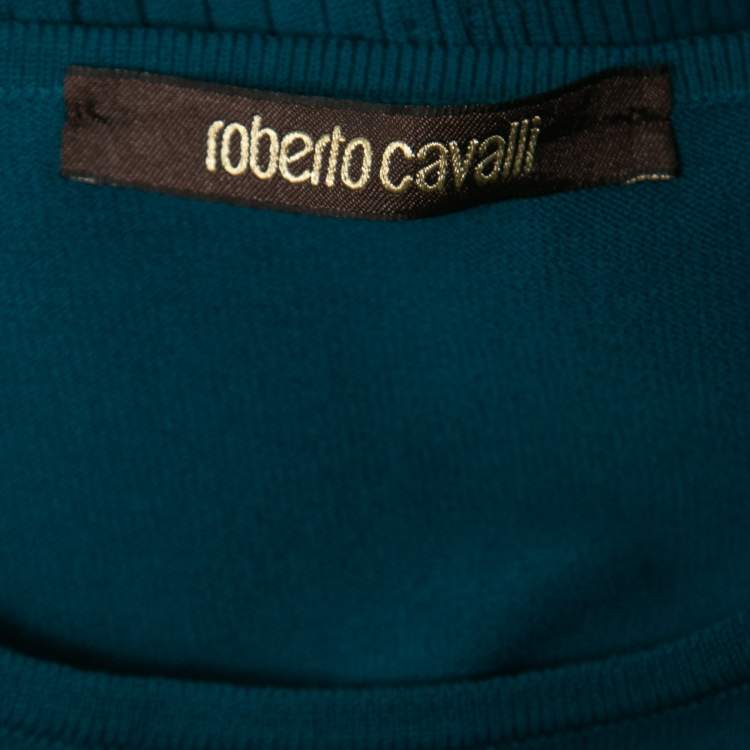 Pre Owned Roberto Cavalli Teal Blue Knit Eyelet Stud Embellished Sleeveless Dress M