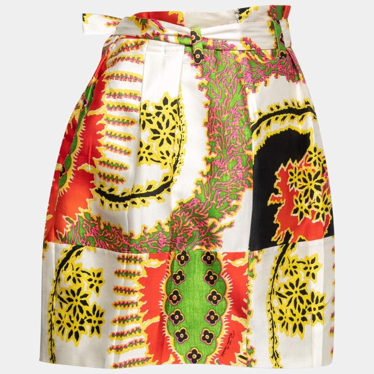 Pre Owned Roberto Cavalli Multicolor Printed Silk & Cotton Belted Skirt M
