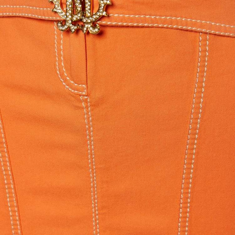 Pre Owned Roberto Cavalli Orange Denim Waist Belt Detail Maxi Skirt M