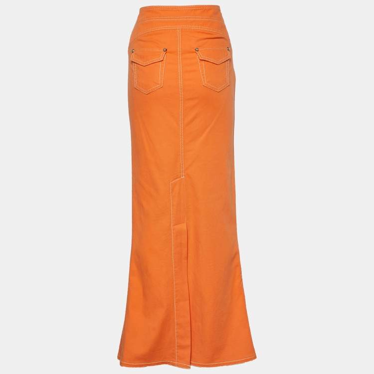 Pre Owned Roberto Cavalli Orange Denim Waist Belt Detail Maxi Skirt M