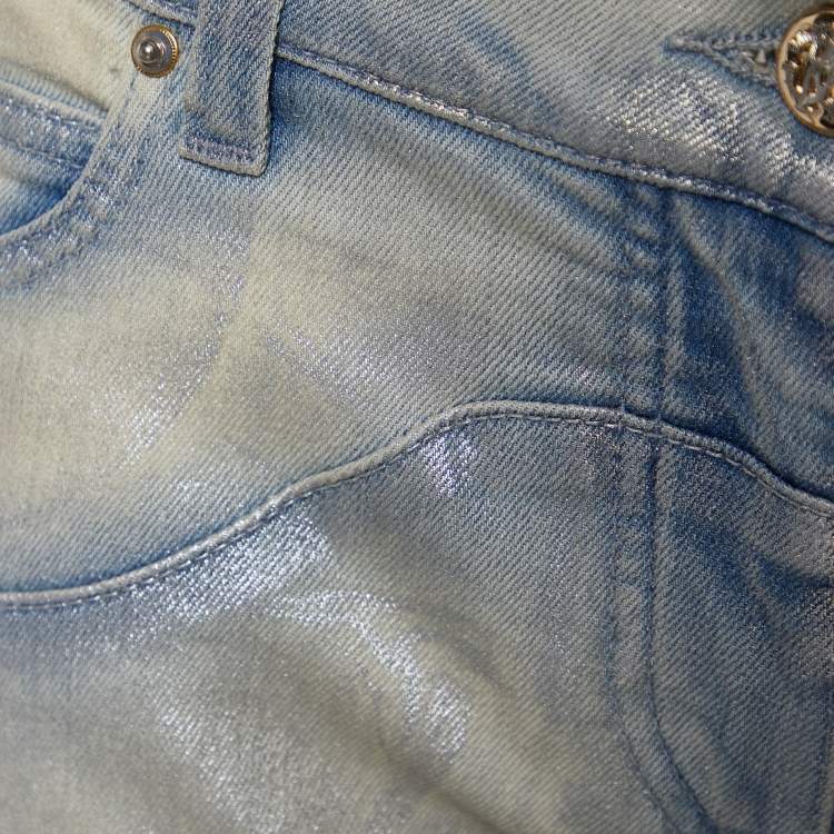 مملوكة مسبقًا Roberto Cavalli Blue Shiny Denim Paneled Jeans M