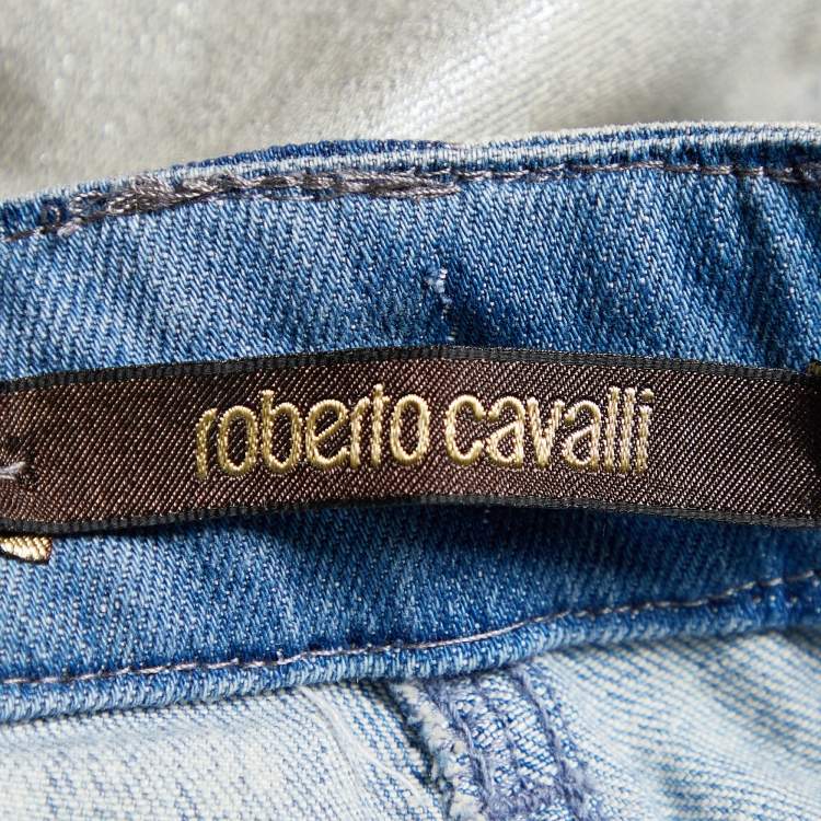 مملوكة مسبقًا Roberto Cavalli Blue Shiny Denim Paneled Jeans M