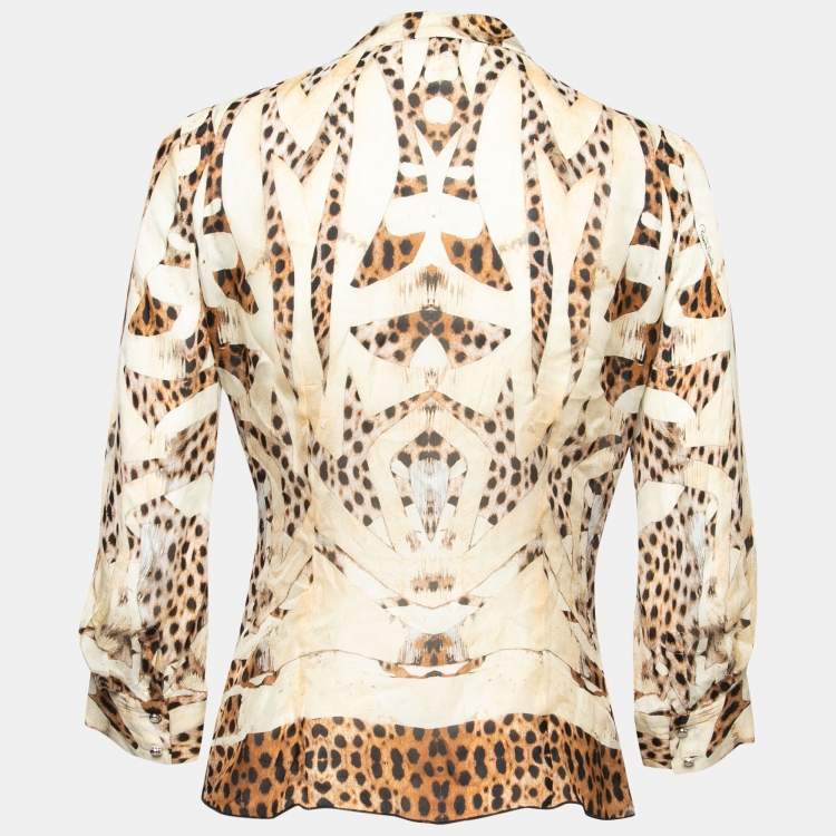 Pre Owned Roberto Cavalli Beige & Brown Animal Printed Silk Ruffled Top M