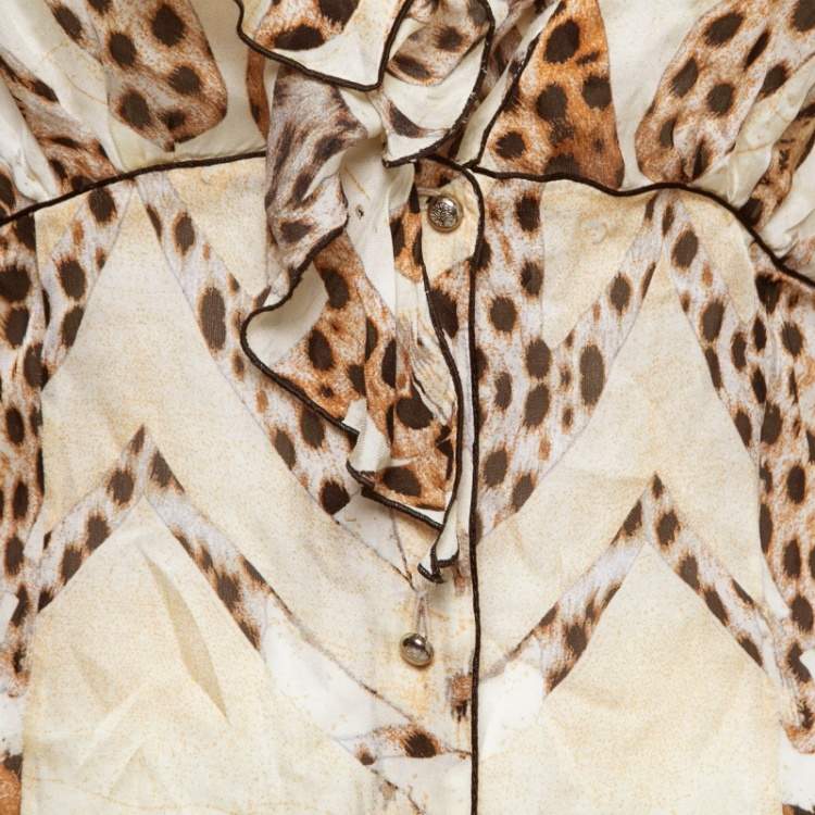Pre Owned Roberto Cavalli Beige & Brown Animal Printed Silk Ruffled Top M