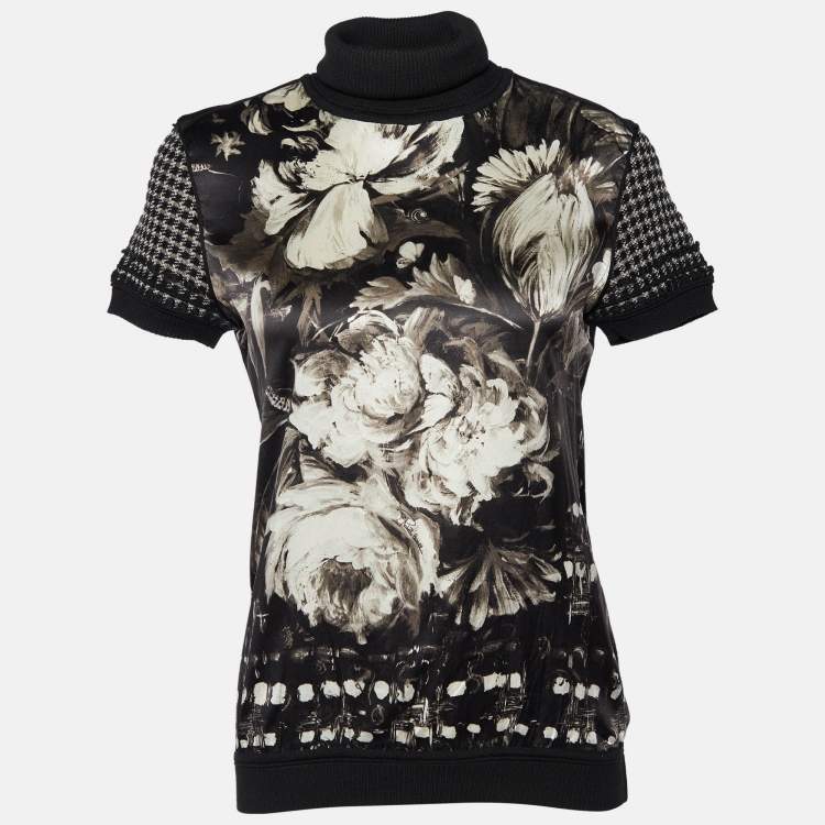 مملوكة مسبقًا Roberto Cavalli Black Printed Silk & Wool Turtleneck T-Shirt S