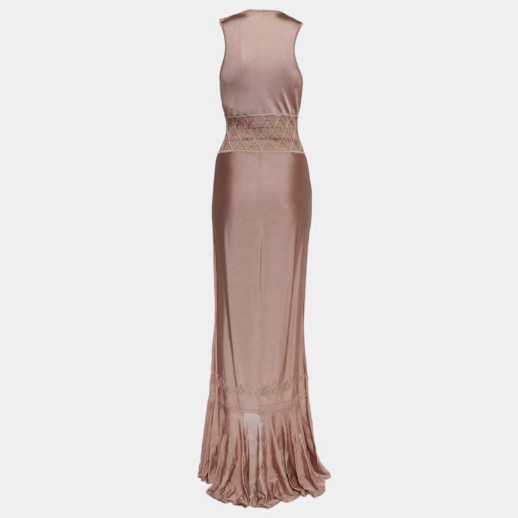 Pre Owned Roberto Cavalli Pink Floral Jacquard Knit Ruffled Maxi Dress S