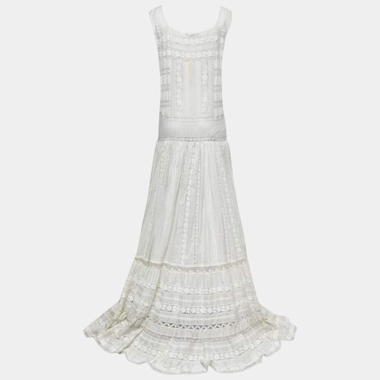 Pre Owned Roberto Cavalli White Cotton & Lace Trim Maxi Dress M