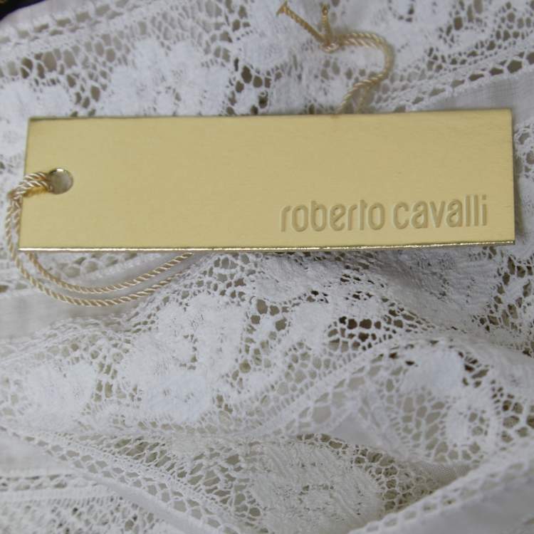 Pre Owned Roberto Cavalli White Cotton & Lace Trim Maxi Dress M