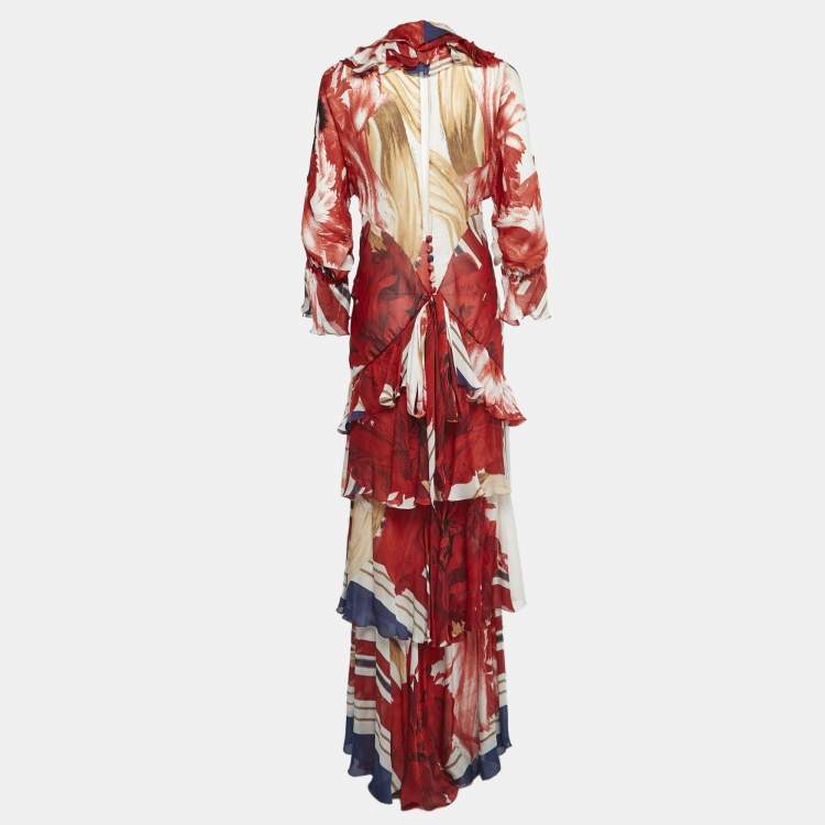 Roberto Cavalli Red Printed Silk Ruffle Detail Tiered Maxi