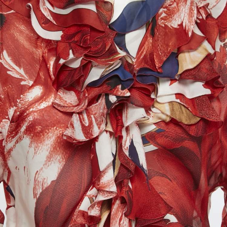 Pre Owned Roberto Cavalli Red Printed Silk Ruffle Detail Tiered Maxi Dress L