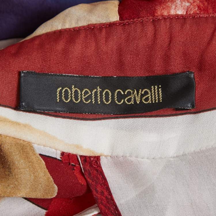 Pre Owned Roberto Cavalli Red Printed Silk Ruffle Detail Tiered Maxi Dress L