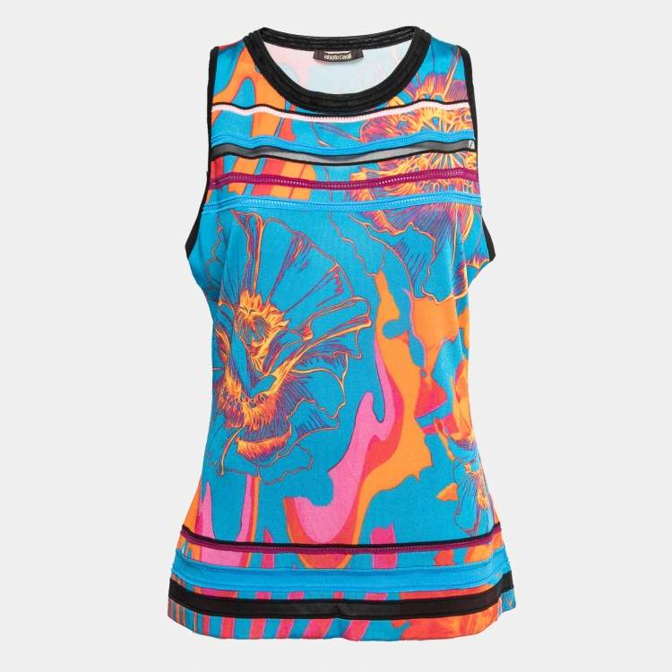 Pre Owned Roberto Cavalli Blue Floral Printed Knit Sleeveless Top L