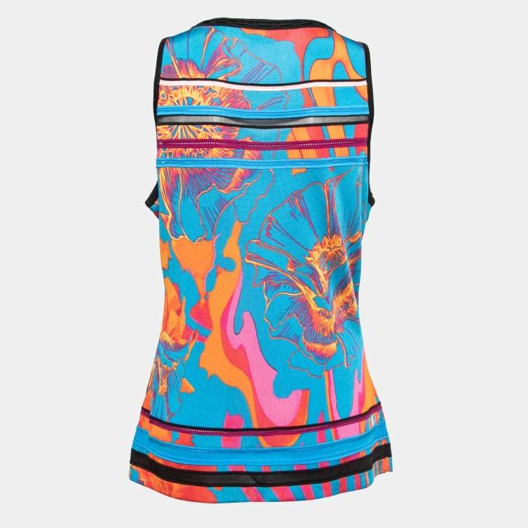 Pre Owned Roberto Cavalli Blue Floral Printed Knit Sleeveless Top L
