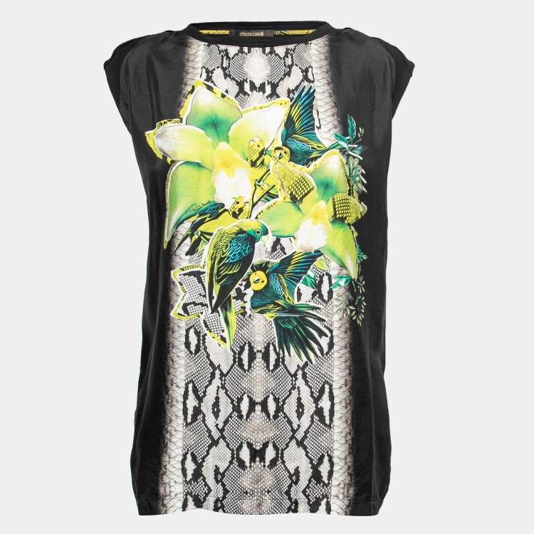 مملوكة مسبقًا Roberto Cavalli Black Jersey Parrot Printed Top M