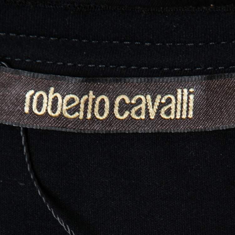 مملوكة مسبقًا Roberto Cavalli Black Jersey Parrot Printed Top M