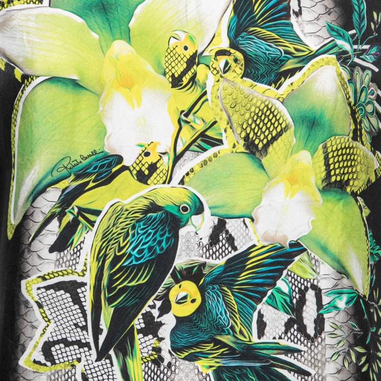مملوكة مسبقًا Roberto Cavalli Black Jersey Parrot Printed Top M
