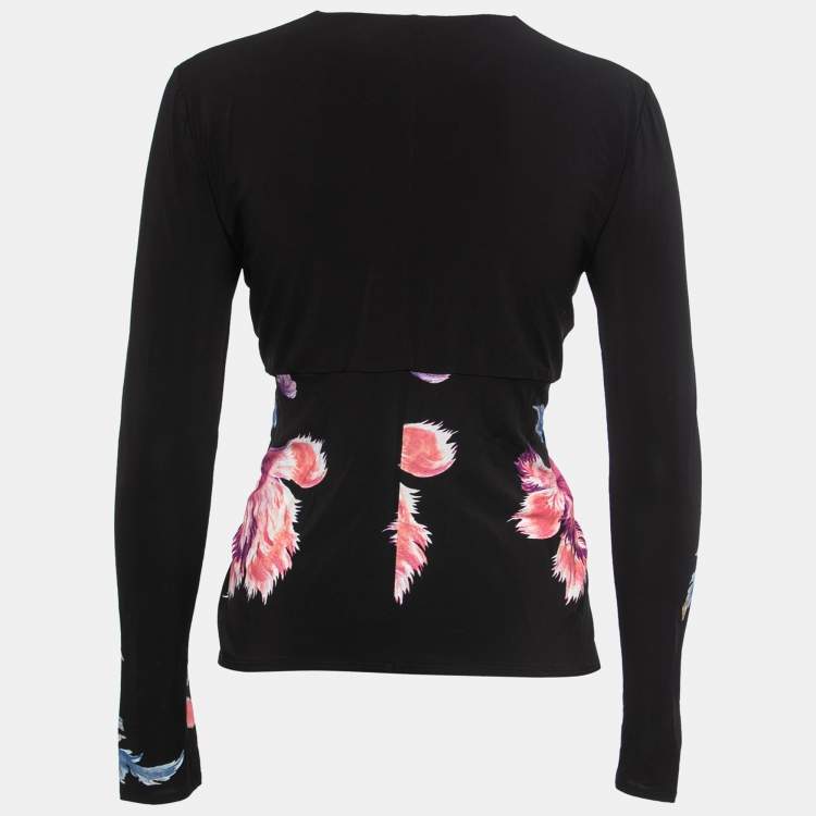 Pre Owned Roberto Cavalli Black Floral Printed Jersey Knot Detail Top M