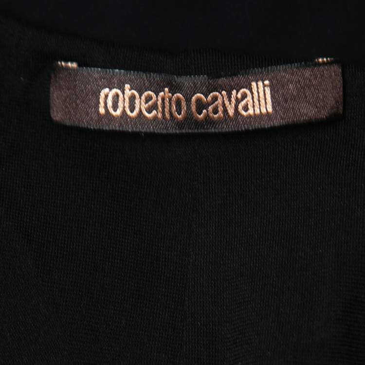 Pre Owned Roberto Cavalli Black Floral Printed Jersey Knot Detail Top M