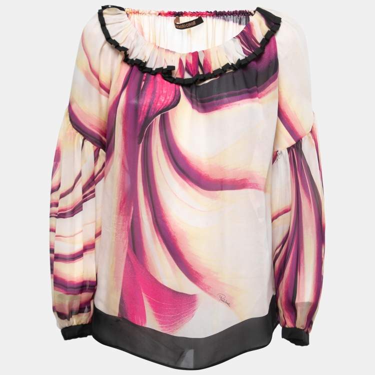 Pre Owned Roberto Cavalli Multicolor Printed Silk Pleated Collar Top S