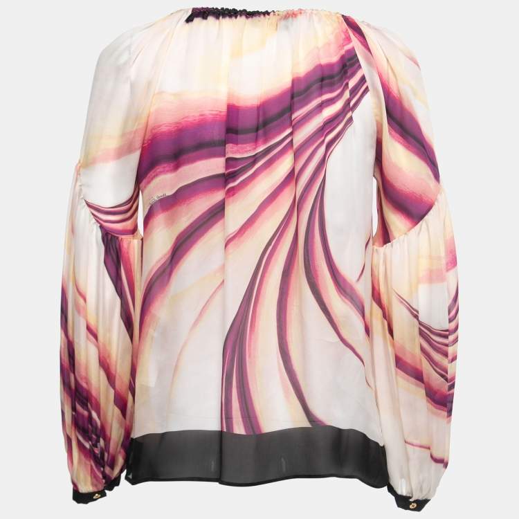 Pre Owned Roberto Cavalli Multicolor Printed Silk Pleated Collar Top S
