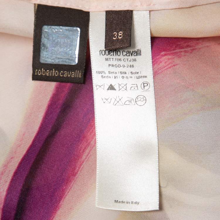 Pre Owned Roberto Cavalli Multicolor Printed Silk Pleated Collar Top S