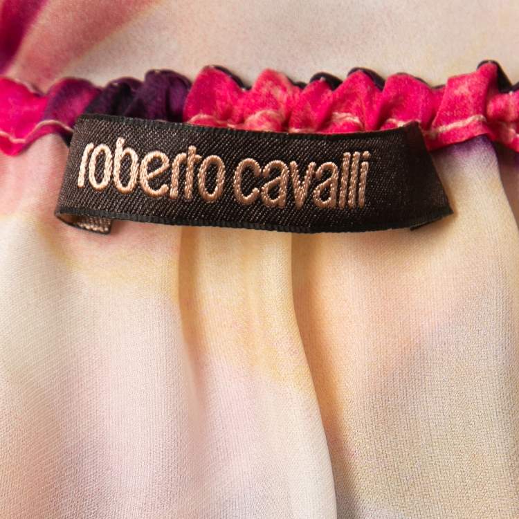 Pre Owned Roberto Cavalli Multicolor Printed Silk Pleated Collar Top S