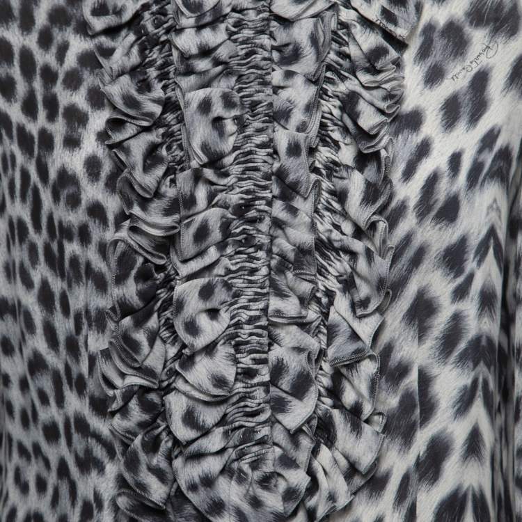 Pre Owned Roberto Cavalli Blue Animal Printed Ruffled Blouse M