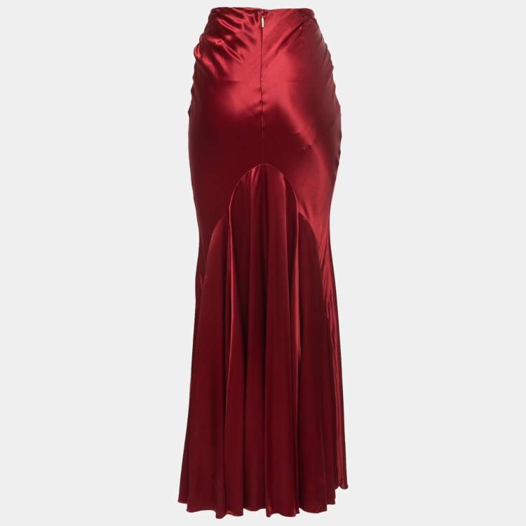 Pre Owned Roberto Cavalli Burgundy Silk Satin Flared Maxi Skirt S
