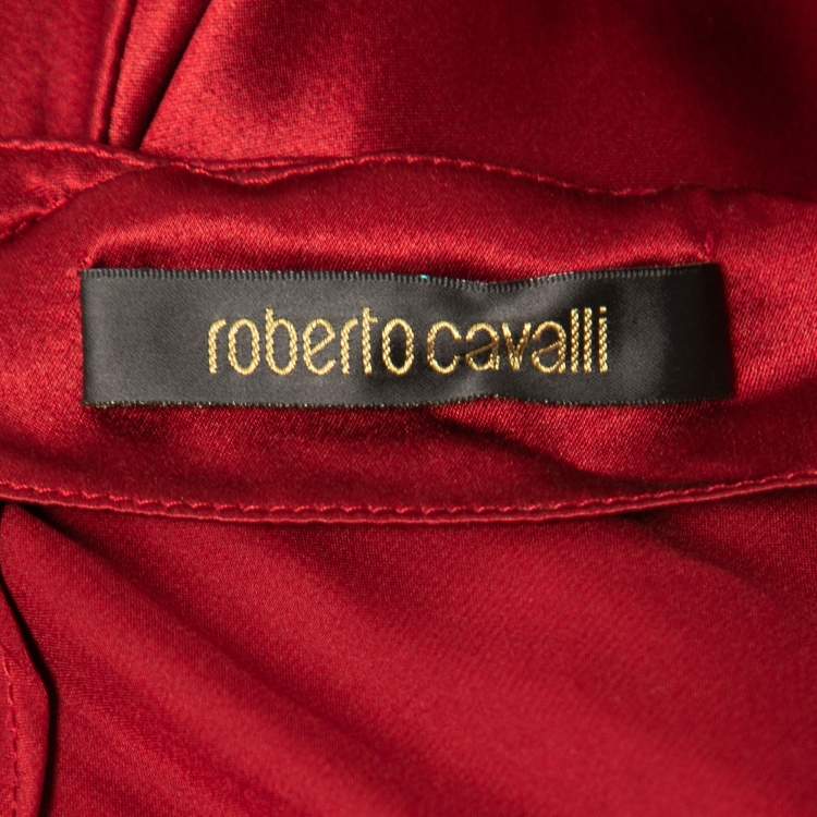 Pre Owned Roberto Cavalli Burgundy Silk Satin Flared Maxi Skirt S