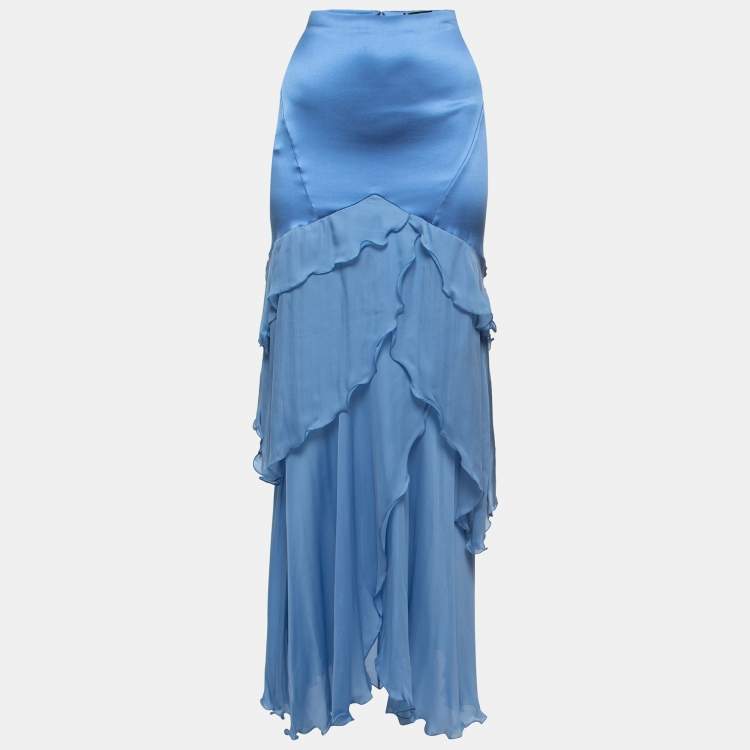 Pre Owned Roberto Cavalli Light Blue Silk Satin Ruffle Detail Maxi Skirt M