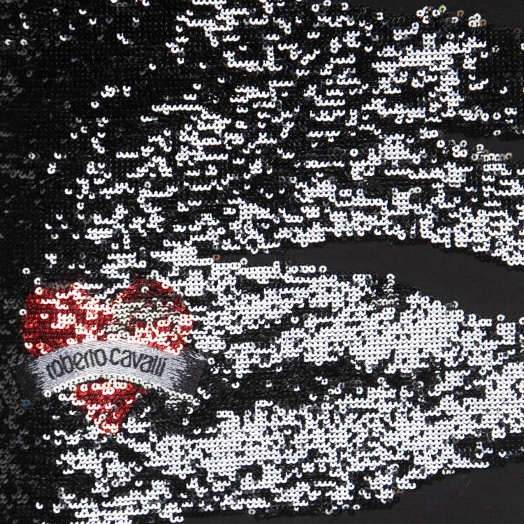 Pre Owned Roberto Cavalli Black Knit Sequined One-Shoulder Mini Dress S