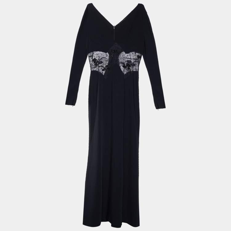 Pre Owned Roberto Cavalli Black Crepe & Embellished Lace Gown L