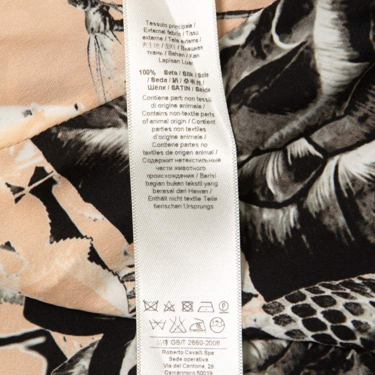 Pre Owned Roberto Cavalli Peach Floral Bird Print Silk Tie Neck Blouse S