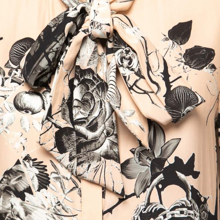 Pre Owned Roberto Cavalli Peach Floral Bird Print Silk Tie Neck Blouse S