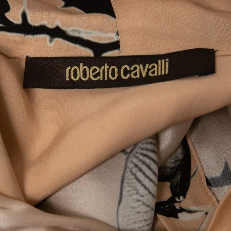 Pre Owned Roberto Cavalli Peach Floral Bird Print Silk Tie Neck Blouse S