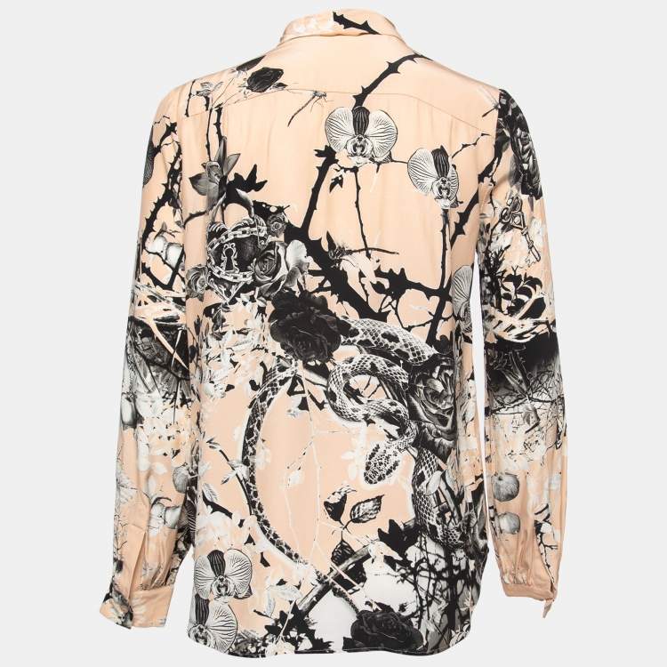 Pre Owned Roberto Cavalli Peach Floral Bird Print Silk Tie Neck Blouse S