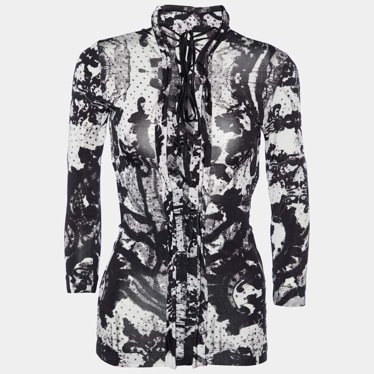 Pre Owned Roberto Cavalli Black Printed Jersey Crossback Tie Detail Top S