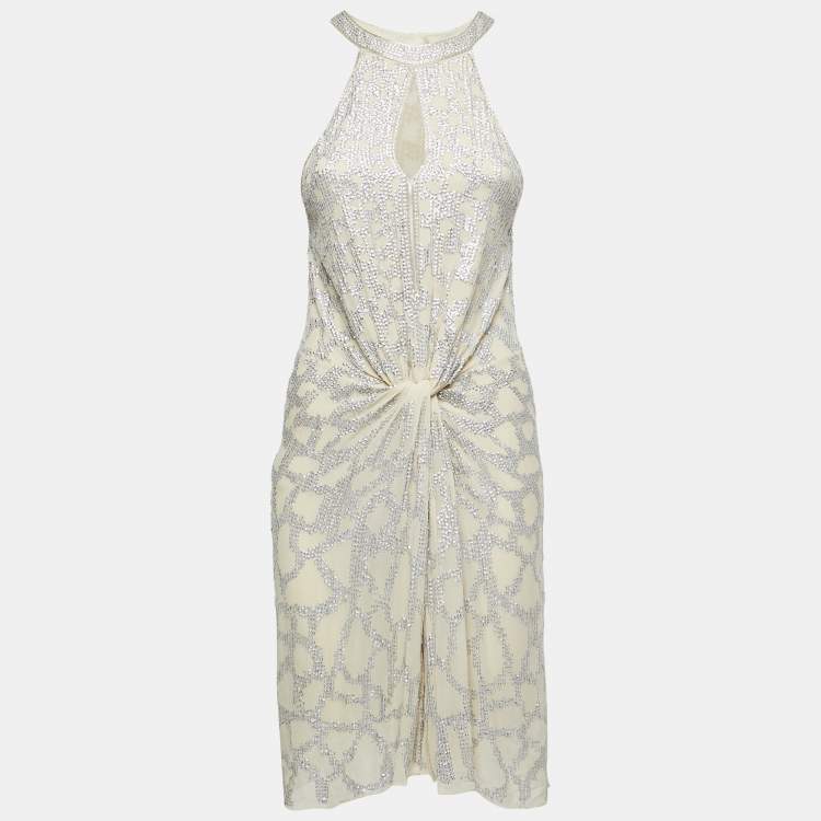 Pre Owned Roberto Cavalli Beige Sequin-Embellished Silk Halter Neck Dress S