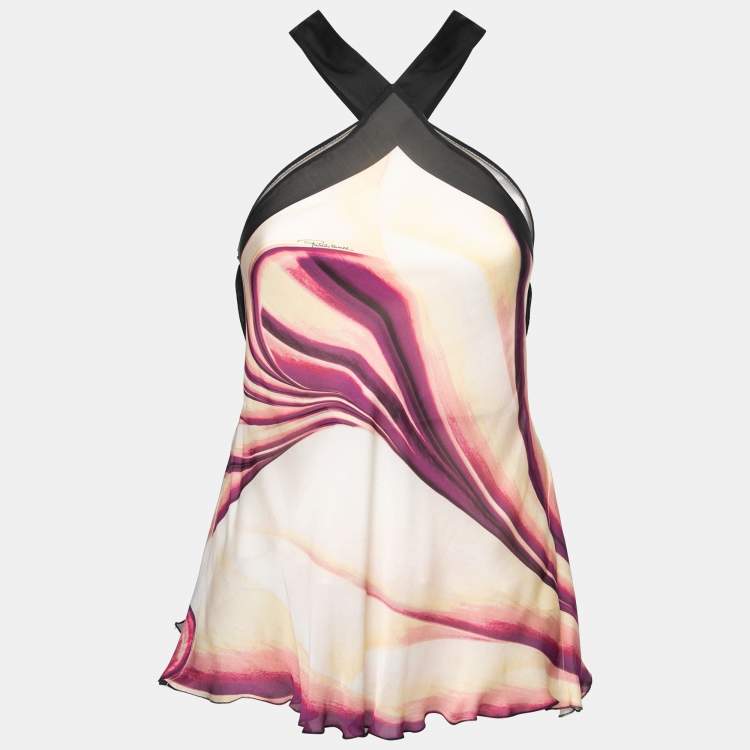 Pre Owned Roberto Cavalli Multicolor Printed Silk-Chiffon Halterneck Belted Top S