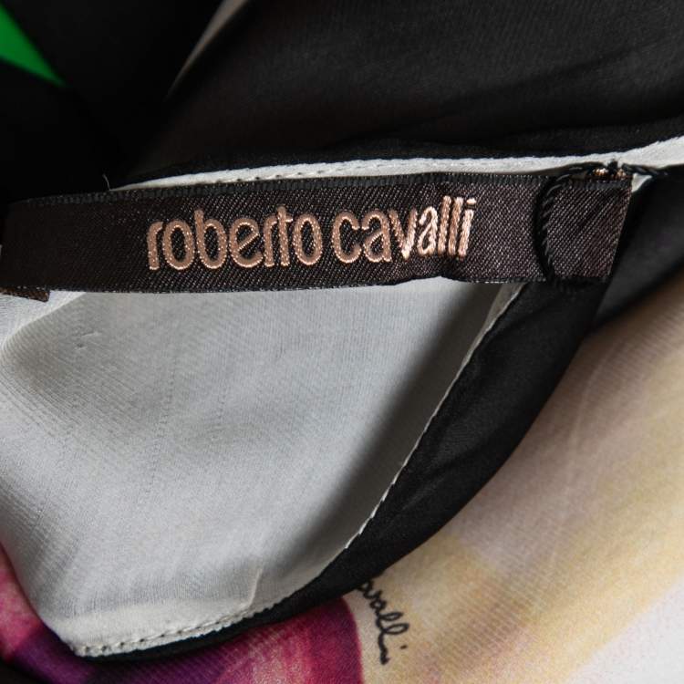 Pre Owned Roberto Cavalli Multicolor Printed Silk-Chiffon Halterneck Belted Top S