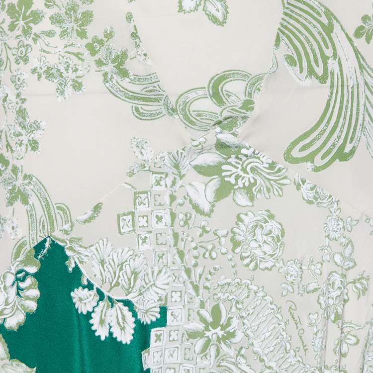 Pre Owned Roberto Cavalli Cream & Green Floral Print Silk Maxi Skirt M