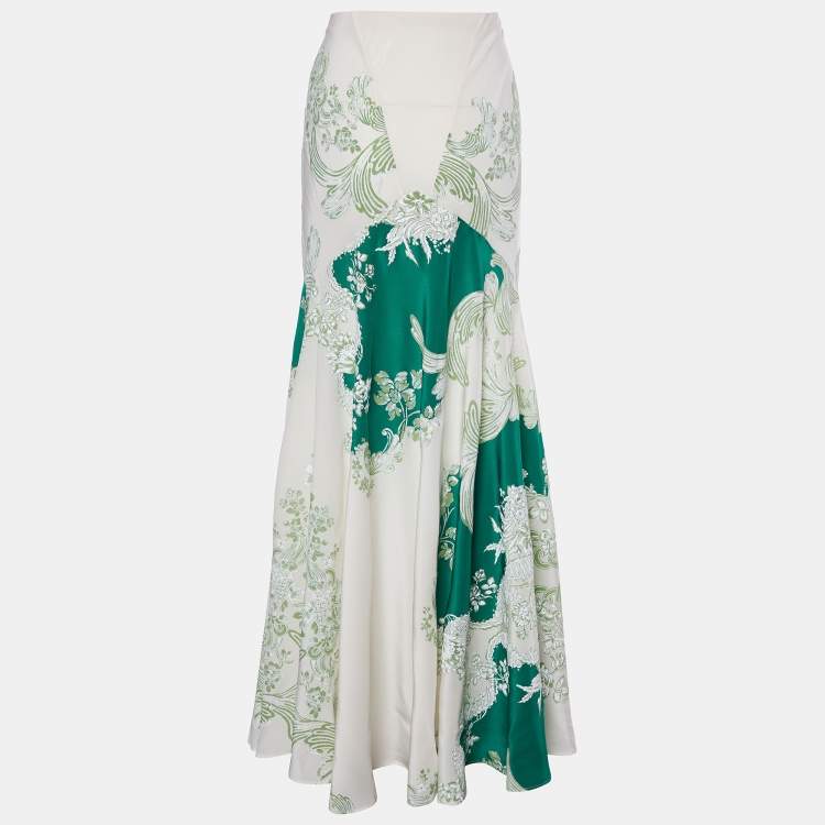 Pre Owned Roberto Cavalli Cream & Green Floral Print Silk Maxi Skirt M