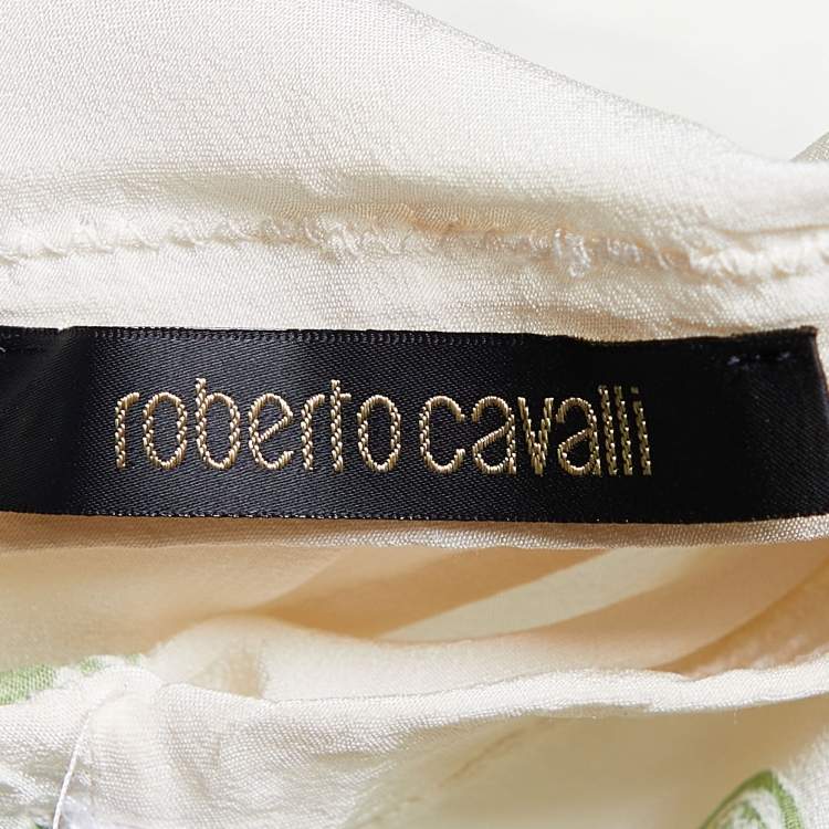 Pre Owned Roberto Cavalli Cream & Green Floral Print Silk Maxi Skirt M